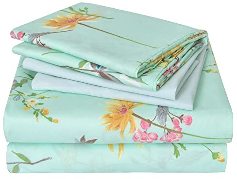 JSD Green Floral Queen Sheet Set 6 Piece, Soft Boho Printed Microfiber Bed Sheets Extra Deep Pocket, Oeko-TEX Certified