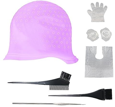 SKHAOVS 7 Pezzi Cuffia Per Capelli Strumento Per Lo Styling, Frosting Cap Dei Capelli con Uncinetto e Spazzola Cappello in Silicone Tintura Cappuccio per Meches Colorazione