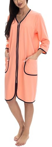 Aquarti Damen Bademantel Morgenmantel mit Reißverschluss Hausmantel Leicht 3/4 Ärmel, Farbe: Apricot, Größe: L