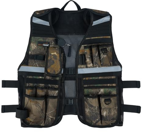 MELOTOUGH Tool Vest for Men Reflective Safety Tool Vest with Adjustable Straps,Removable Phone Holder for Electrical,Carpenters,Construction(Camo)
