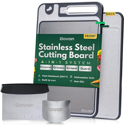 Stainless Steel Cutting Board with Built-In Knife Sharpener, 3-Piece Set, Double-Sided 304 Food-Grade Steel & Wheat Straw, Large Board for Meat & Vegetables, Dishwasher Safe, 15x10 Inch, Food Safe
