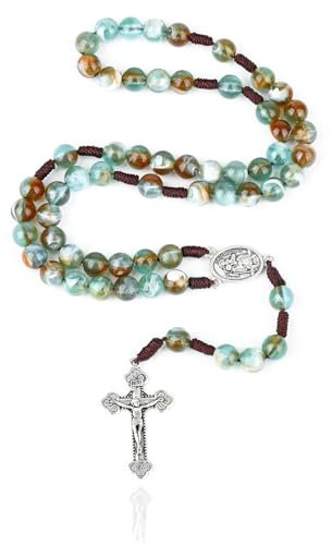 Cosmeria Katholischer Rosenkranz Kette 55 cm Handgefertigt Harz Perlengröße 0,8 cm Mit Kreuz Und Maria Medaille Grün