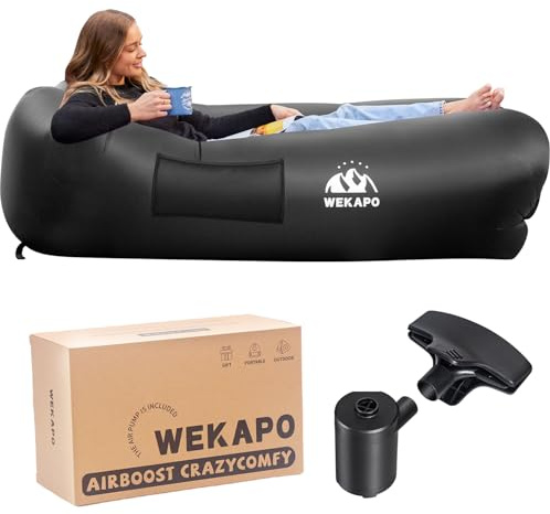 WEKAPO Inflatable Couch with Pump - Easiest Setup, Crazy Comfy & Ultralight - Blow up Lounger Chair Perfect for Hiking, Camping, Beach, Festivals - Lightweight Air Sofa for Relaxing Anywhere (Black)