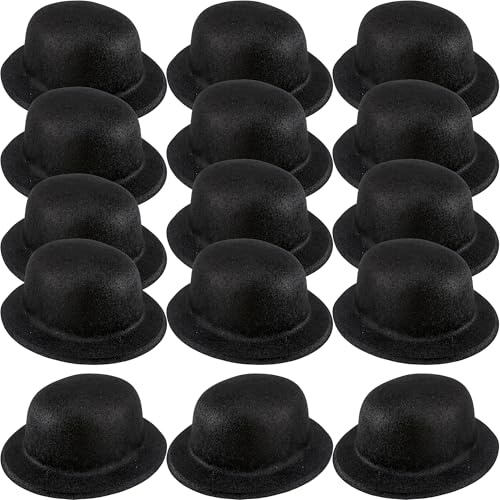 SGBETTER Lot de 15 chapeaux melon en plastique pailleté noir pour adultes et enfants - Accessoire de costume d'Halloween