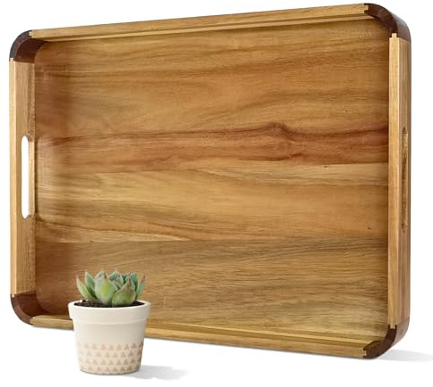 OurMiao 22 Inches Acacia Wood Serving Tray with Handles, Large Wooden Rectangle Ottoman Tray, Nice Home Decor for Living Room Coffee Table Couch, Ideal Size for Serving Food Breakfast BBQ Party