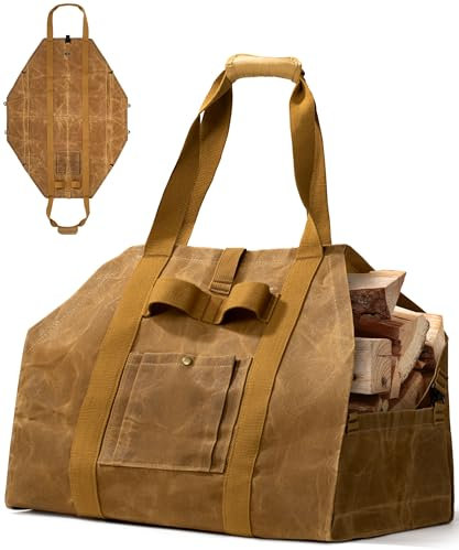 OneTigris Sac de transport pour bois de chauffage, 2 en 1, en toile cirée, imperméable, extra large avec poignées, panier à bois pour camping, barbecue et extérieur