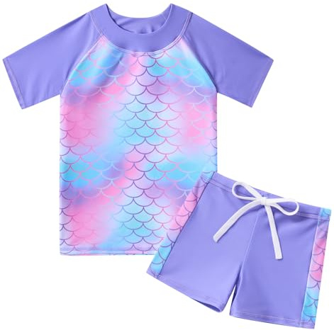 Fanient Girls Swimming Costume Kids Two Pieces Swimsuit Short Sleeve Bathing Suit Mermaid Swim Set for Girls 11-12 Years