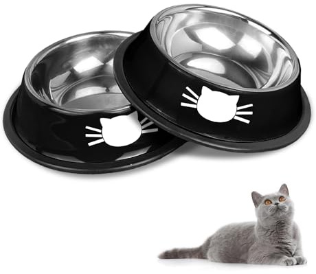 Juego de cuencos para gatos HTRTRR, cuencos antideslizantes de acero inoxidable, comederos y bebederos para gatos y mascotas (negro)
