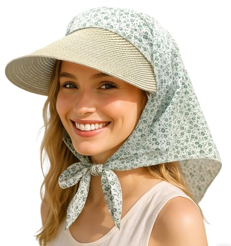 CLAPE Sonnenhut Damen Baseballkappe Stroh Krempe Bandana Baseball Cap UV Schutz Bandana mit Schirm Kopftuch Sonnenkappe Outdoor Mütze FloralGreen SV2502