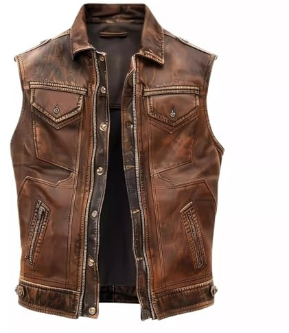 Epic Outfit Men's Distressed Sheepskin Leather Motorcycle Biker Vest – Real Leather Riding Waistcoat, Vintage Western Style (Real Leather, M)