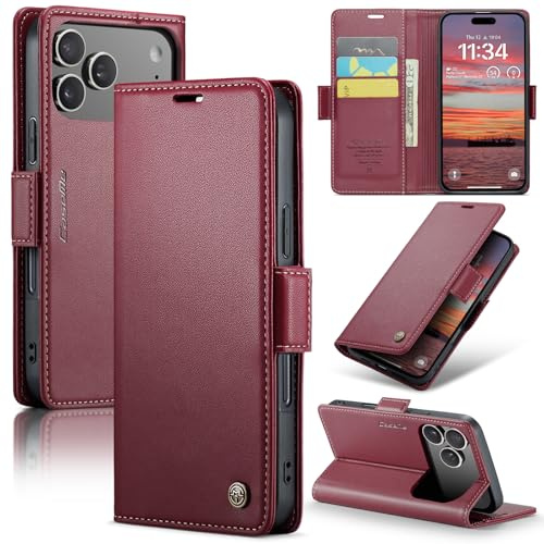 Rerzoiro fodral för iPhone 17 Pro, premium PU-läder telefonfodral med RFID-blockering, ställ, kortplats, magnetiskt skydd, flip bok plånboksfodral för iPhone 17 Pro, Röd