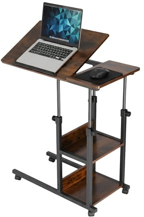 Tavolino per Laptop Relaxdays, Altezza Regolabile 63–90 cm, inclinabile, con rotelle, 2 Ripiani, Forma a C, Marrone/Nero
