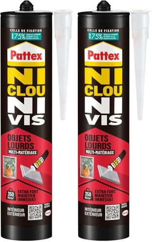 Pattex Ni Clou Ni Vis Fix Objets Lourds, Colle de fixation forte tous supports, colle de construction puissante et flexible, colle blanche, cartouche de 460 g (Lot de 2)
