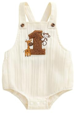 Qianderer Unisex Baby Boy First Birthday Outfit Sleeveless Embroidery Overalls Letter One Cake Smash Romper for 1st Birthday Party (Cb Khaki, 12-18 Months)