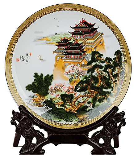 Dekorativ tallrik, Kinesiska dekorativa keramiska tallrikar, keramik hängande, Cera 26 cm Jingdezhen Crane Tower Mönster Dekorativ tallrik Vardagsrumsdekorationer