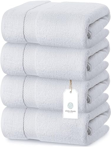 White Classic Luxury Bath Towels Large Pack of 4, Hotel Quality Bathroom Towel Set 137 x 68 cm, White Shower Cotton Towels 4 Pack, Large Thick Plush Bath Towels 700 Gsm For Body, Hair, Pool, White