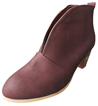 PAIDAXING Bottines à enfiler pour femme avec ouverture sur le devant - Talons carrés mi-bas - Similicuir - Taille 37-40, Rouge, 38 EU
