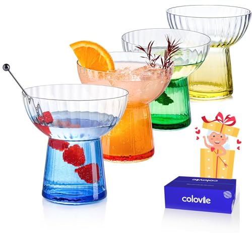 ColoVie Stemless Margarita Glasses Set of 4-13oz Ribbed Colored Glassware - Premium Hand-Blown Lead-Free Crystal - Aesthetic Rippled Cocktail Cups for Party, Cinco de Mayo, Home Bar - Gift Box