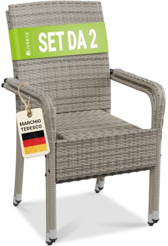 Juskys Ensemble de 2 chaises de Jardin Yoro en rotin avec accoudoirs et Dossier - 2 chaises empilables - Chaise en rotin pour Le Jardin - Chaise empilable Chaise de Balcon Gris chiné