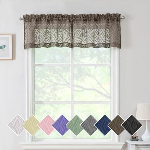 Chyhomenyc - Marilyn - Lot de 2 cantonnières transparentes en jacquard texturé doux filtrant la lumière pour salle de bain, petites fenêtres, motif feuillage 3D, 96,5 x 35,6 cm (l x L), marron