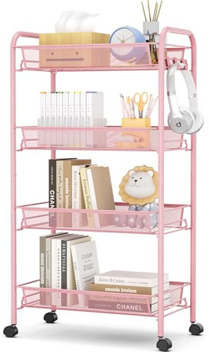 Urackify 4-stöckiger Rollwagen, Multifunktionaler mobiler Küchenwagen für Bad, Küche & Waschküche. Rostbeständiges Metall, atmungsaktiver Netzkorb & Seitenhaken inklusive. Einfache Montage, Rosa