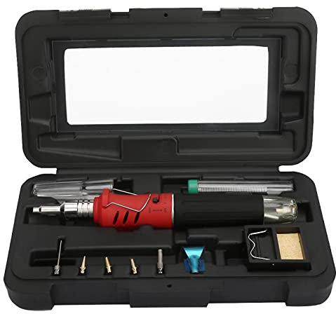 ZXIBTRG Juego de Soldador de Gas HS-1115K de 10 Piezas, Soldador de Gas butano multifunción, bolígrafo de Soldadura con soplete de Gas butano inalámbrico portátil (Mango Rojo)