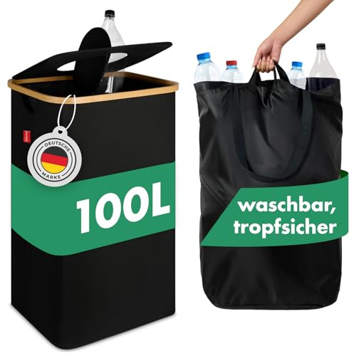 Blumtal Conteneur de consigne pour bouteilles 100L - Organisateur de bouteilles de consigne en bambou avec sac pour bouteilles de consigne - Conteneur de collecte pour bouteilles de consigne noir