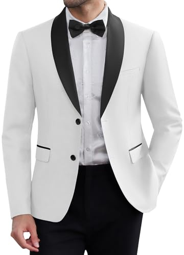Coofandy Men Tuxedo Jacket Slim Fit Blazer Suit Jacket Prom Dinner Party Wedding, White, M