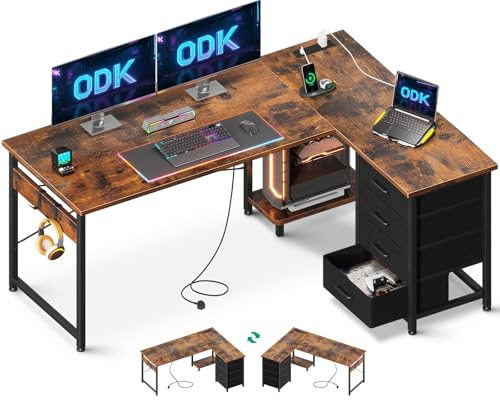 ODK Corner Desk with Drawers, Reversible L Shaped Computer Desk with Power Outlet, Office Desks with USB Charging Port and Host Stand for Home Office Vintage Brown, 135×100cm