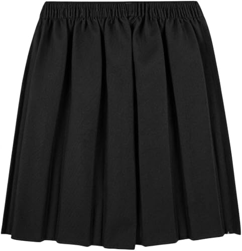 ZRWASKA® Girls Back to School Uniform Skirt- Box Pleated - Fully Elasticated Waist Stretchy Round Bottom Skirt Formal Summer Uniform Dress & Casual Wear | Black | Age 13-14 Years