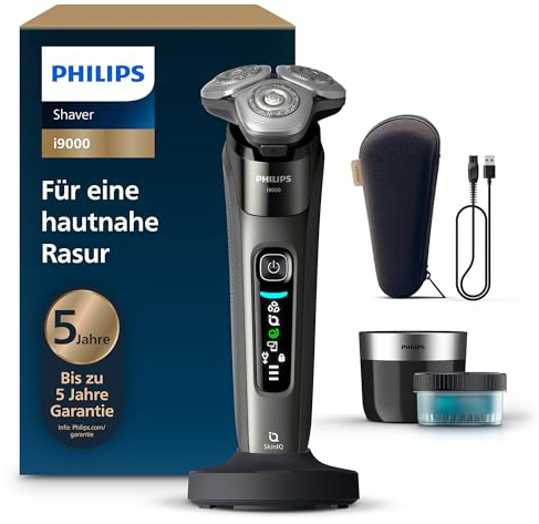 Philips Rasierer i9000, Elektrischer Nass-und Trockenrasierer für Herren mit integriertem Trimmer, dunkelgrau, Reinigungsstaion, Ladestation und Reiseetui (Modell X9002/30)