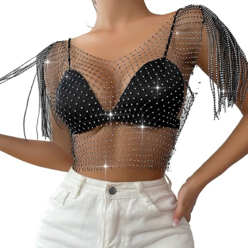 XYTAHDM Körperkette aus schwarzem Strass-Netzgewebe, hohler Kristall, funkelnder Körperschmuck, Körperaccessoires für Frauen und Mädchen, Nachtclub, Festival
