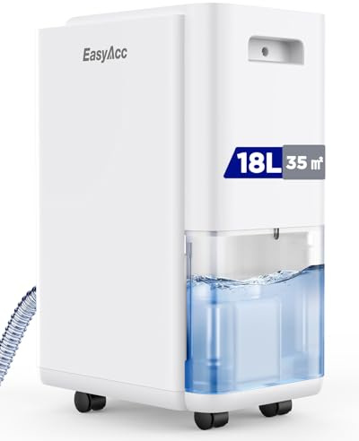 EasyAcc Bärbar Avfuktare Tyst 38dB, 18L/dag, med Torkning och Timer/Slang för Sovrum, Badrum, Källare (20-35㎡)