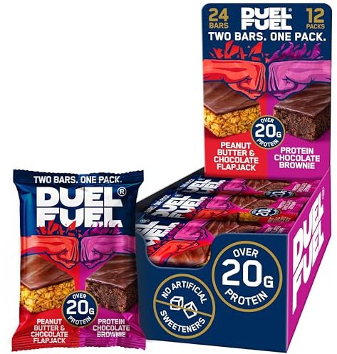 DuelFuel High Protein Snacks, 24 Snacks (12 Dual Packs, 75g Each), Over 20g Protein, Peanut Butter & Chocolate Flapjack and Chocolate Brownie. High Fibre, No Artificial Sweeteners.