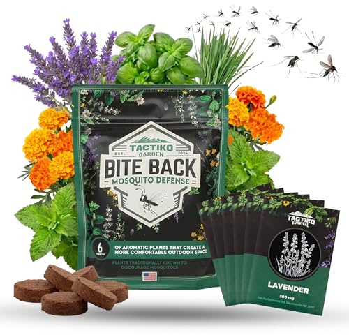 Tactiko Garden Aromatic Herb Seed Kit for Mosquito Season – 6 Individual Seed Packets for Patio & Deck - Lavender, Lemongrass, Marigold, Catnip, Lemon Balm. Basil – Starter Kit with 6 Coir Soil Discs