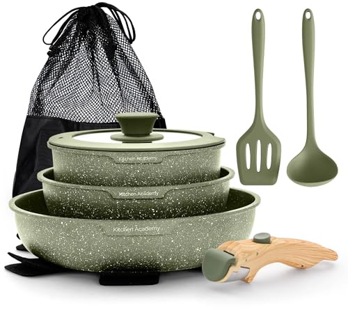 DishDelight Induction Hob Pan Set with Detachable Handles Pots and Pans Sets Non Stick 10pcs Saucepan Set with Lids Granite Cookware Nonstick Cooking Pot Frying Pan