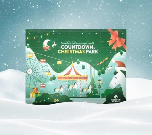 GUIDOLIN HORSES Calendario dell'Avvento per Cavalli 2025, 24 Giorni di Snack e Biscotti, con Sorprese Speciali per l'8 e il 24 Dicembre, Tema Parco di Natale