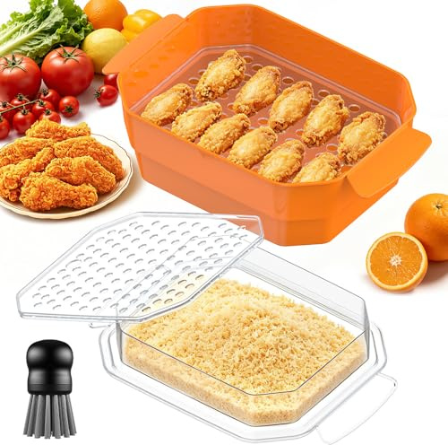 SURETIVIAN Batter Bowl Extra Large Better Breader Bowl with Two Sifters & Powder Tray, Visible Mess Free Breading Shaker for Fried Fish Chicken Meat Veggies, Great for Family Parties (Orange)