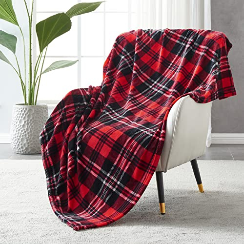SOCHOW Manta de forro polar de franela de 127 x 150 cm, para todas las estaciones, a cuadros, rojo/gris, para cama, sofá, coche