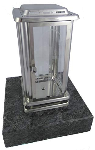 designgrab Lampada tombale Royal in acciaio inox con base in granito in granito Orion, con croce su porta della lampada, bicchieri in vetro trasparente