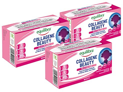 Equilibra Integratori Alimentari, Collagene Beauty, Integratore per la Pigmentazione della Pelle a Base di Collagene Idrolizzato, Rame e Zinco, Senza Glutine, 3 Pezzi da 10 Stickpack Monodose