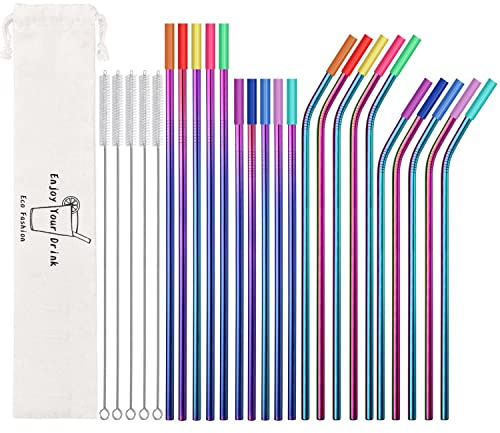 20 Pcs Rainbow Color Reusable Stainless Steel Straws,10.5 & 8.5 Reusable Drinking Straws with 20 Silicone Tips 5 Straw Brushes 1 Travel Case,Eco Friendly Extra Long Metal Straw for 20 30 oz Tumbler