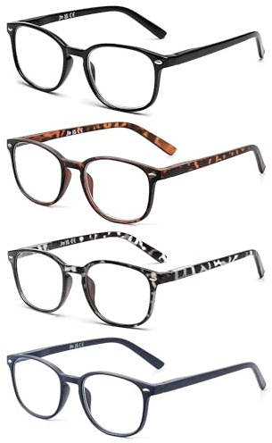 JM Reading Glasses Women with Spring Hinge 4 Pack, Lightweight Quality Vintage Readers Colorful Square Glasses for Ladies Magnifying