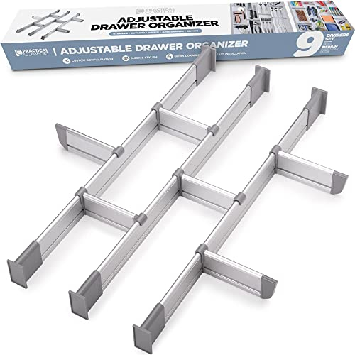 Schubladen-Organizer, Verstellbarer Schubladeneinsatz aus Aluminium für Clutter-Freie Küche, Schubladen, Büro, Klinik, Set aus 9 Trennelementen (3 lang + 6 kurz) 44.5-50 cm tief |VERBESSERT