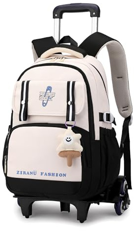 Tanou Rucksack mit 6 Rollen, Robuster Kinder Schulranzen mit Rollen für Mädchen, Abnehmbare Trolley Schulrucksack mit Anhänger für die Schule Reise, 16 Zoll, 1-5.Klasse, Schwarz