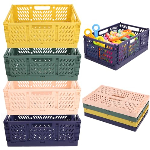 BEYGIH 4 Stück Klappkiste, 30x20x12cm Aufbewahrungsbox klappbar, Mehrfarbig Einkaufskorb Plastik, Aufbewahrungskorb für Küche Schlafzimmer, Arbeitszimmer, Büro, Garten (Gelb+Blau+Grün+Rosa klappkorb)