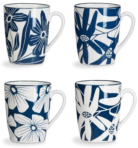 ONEMORE Juego de 4 tazas de café de porcelana de 12 onzas con asas, tazas de cerámica azul para café con leche, capuchino, té, cacao, apto para microondas, lavavajillas, resistente a los arañazos