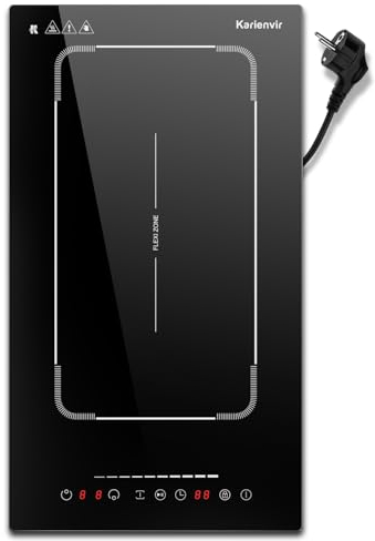 Karienvir Plaque Induction 2 Feux avec Flexizone, Plaque de Cuisson à Induction 2 Foyers Encatrable avec prise, Contrôle coulissant, Minuterie, Verrouillage de sécurité, 3500W, 30cm