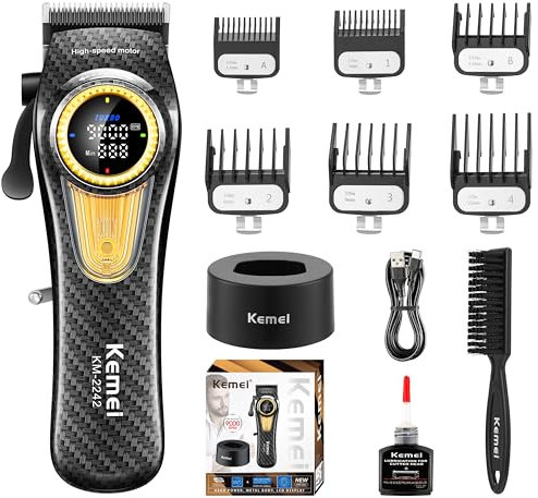KEMEI 2242 Cortapelos profesional para hombres, cortadora de pelo inalámbrica con pantalla LED y base de carga, herramientas de corte de cabello, motor de súper par de 9000 rpm, negro