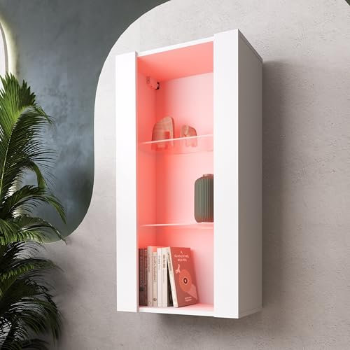Komodee, Hängende Vitrine Schrank Tivoli Vertical, Weiß/Weiß, Breite 50cm x Höhe 100cm 50cm x Tiefe 29cm, LED RGB, 2 Regalböden, für Wohnzimmer, Schlafzimmer, Eingang
